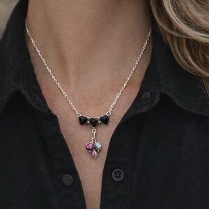 925 Sterling Silver Black Onyx Heart Necklace W/ Cotton Candy Drop Pendant New